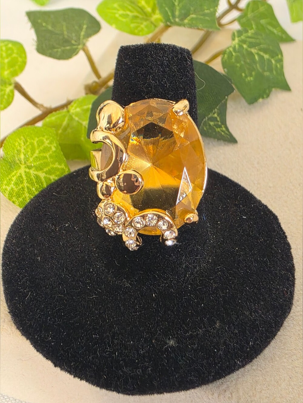 Gold Filled Vintage Style Oval Yellow Glass Statement Cocktail Ring Adjustable